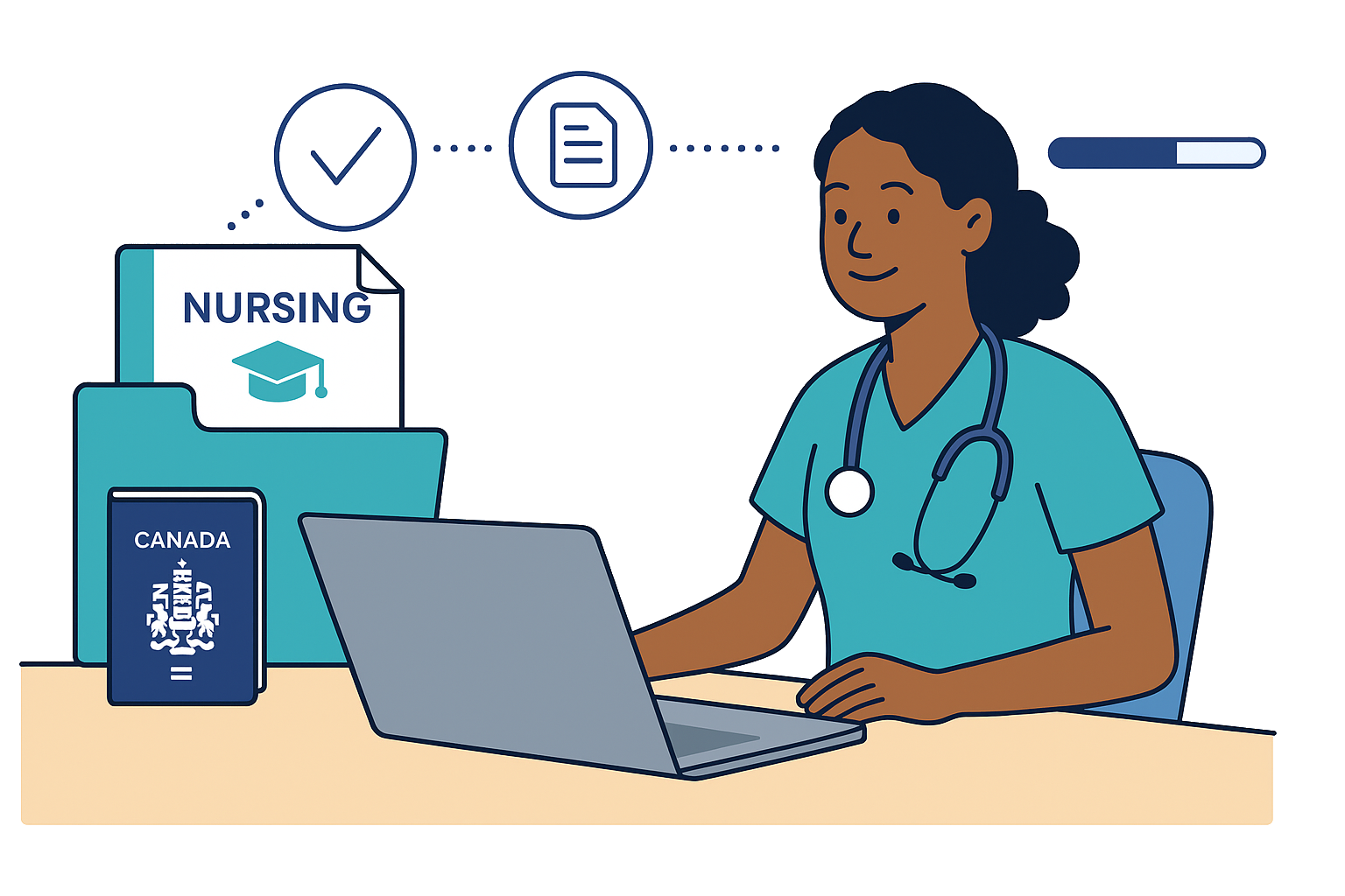 Nurse filling out her profile on a laptop
