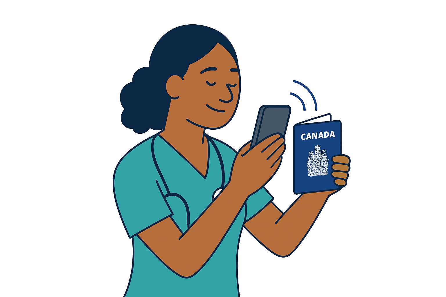 Nurse scanning her passport with a smartphone